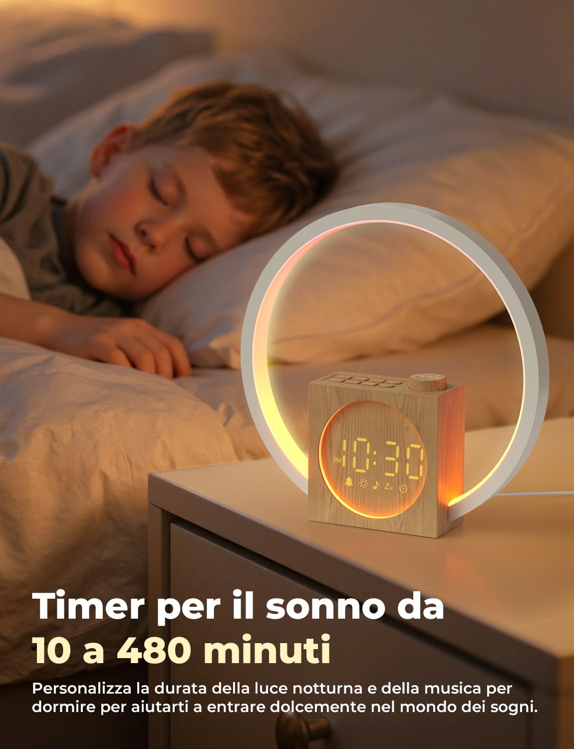 LIORQUE Sveglia Luminosa con Rumore Bianco, 30 Suoni, Alarma Snooze | Timer Spegnimento, Volume e Luminosita Regolabili, Luce Notturna Colori Dinamici, Adattatore Incluso