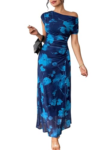 BLENCOT Women's Floral Off Shoulder Maxi Dress Ruched Bodycon Summer