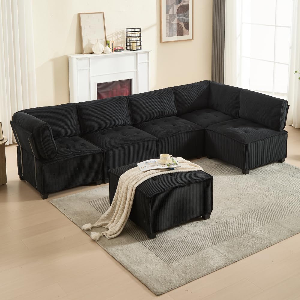 Sofá modular ergonómico de 6 plazas de 308 cm, sofá esquinero moderno con bolsillos de almacenamiento, flexible como sofá en U/en L/cama, tejido de pana para salón o apartamento, color negro