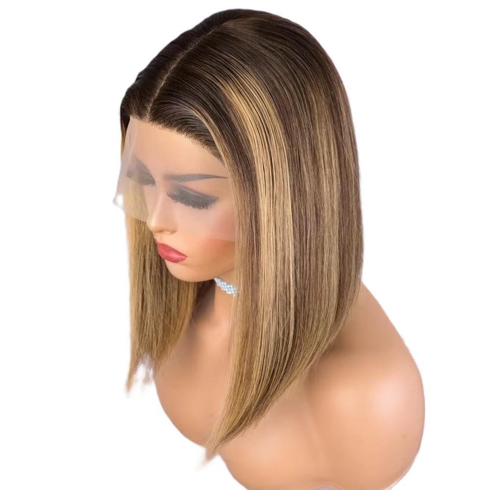 Haarpflege 100% Echthaar Perücke Highlight Braun Langer Gerader Mittelteil Bob Spitzenfront Für Frauen Ohne Kleber(Highlight Brown,10inches)