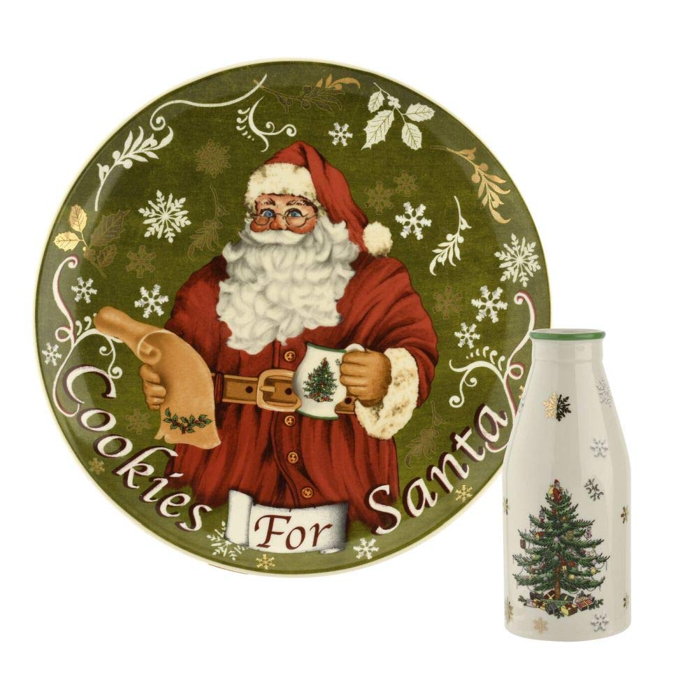Christmas Tree Plate & Bottle Set (2-Piece) – 8.5" Porcelain Cookies for Santa Plate & 10 Oz Holiday-Themed Jug, Dishwasher Safe, Festive Gift Set for Christmas & Holiday Entertaining