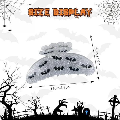 Miniatura 5 de Pinzas para el cabello de Halloween para mujer, diseño exquisito de murciélago negro, antideslizantes, color blanco, con purpurina, pinzas de