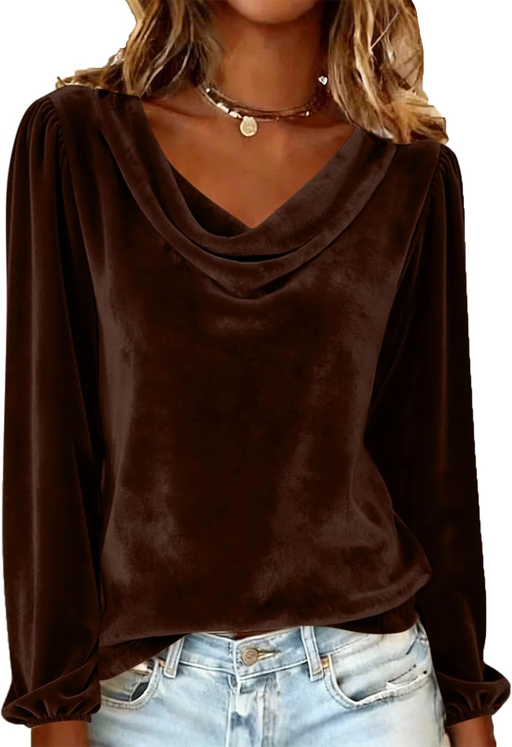 Vintage Velvet Tops for Women Sparkly Elegant Cowl Neck Long Sleeve Shirts Drape Ruched Front Dressy Casual Blouses