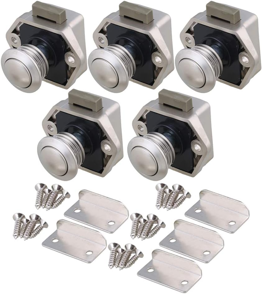 RDEXP 20mm Opening Hole Push Button Keyless Locks Latch Knob Cupboard for RV Drawer Cabinet Door Thickness 15-27mm Set of 5