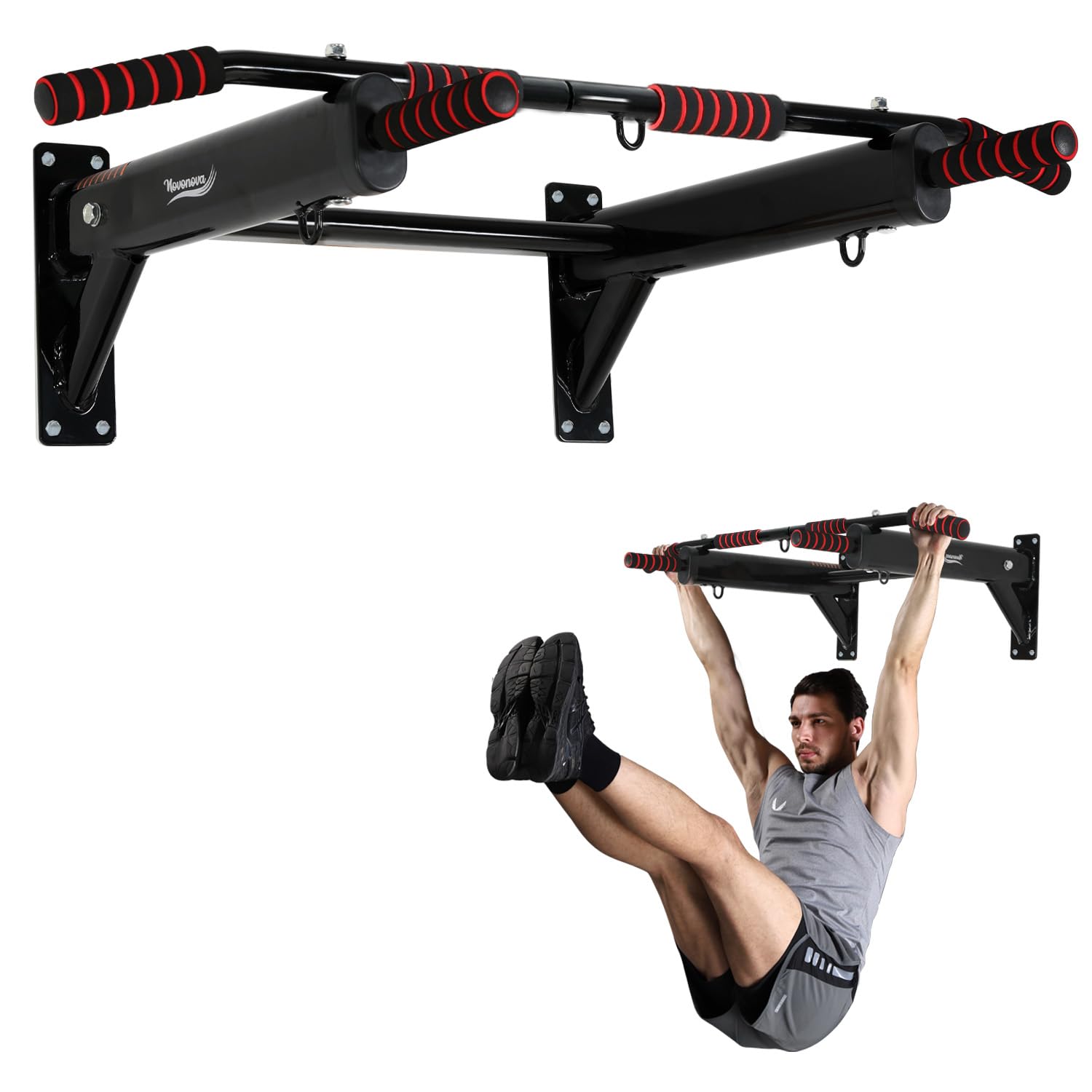 Sbarra Trazioni a Muro Fino a 250KG, Barra per Trazioni con Impugnature Antiscivole, Pull Up Bar Multifunzionale per Casa, NV-166