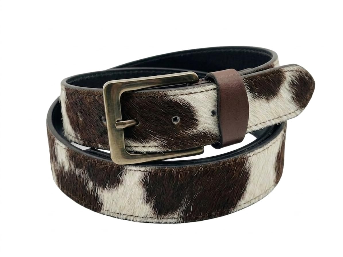 REAL COWHIDE HAIR-ON LEATHER BELTS - UNISEX GENUINE LEATHER BELT (26-46 Waist) (Brown & white, 46 inches)