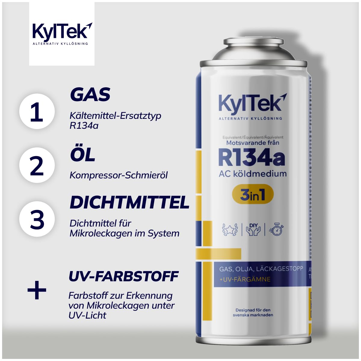 KylTek 3in1 Kit Ricarica Aria Condizionata R134a (2x Bombolette da 400ml + Tubo) – Gas Sostitutivo – Auto fino al 2016