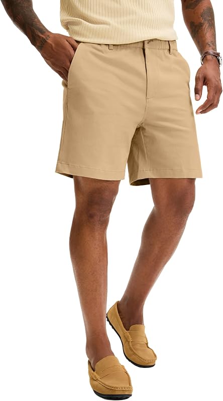 Comdecevis Men's 7 Inch Cotton Elastic Waist Khaki Shorts | Premium Cotton Blend, Classic Fit, Chino Style, Breathable Comfort, Zip Fly Closure, Summer Casual Wear, Travel and Outdoor