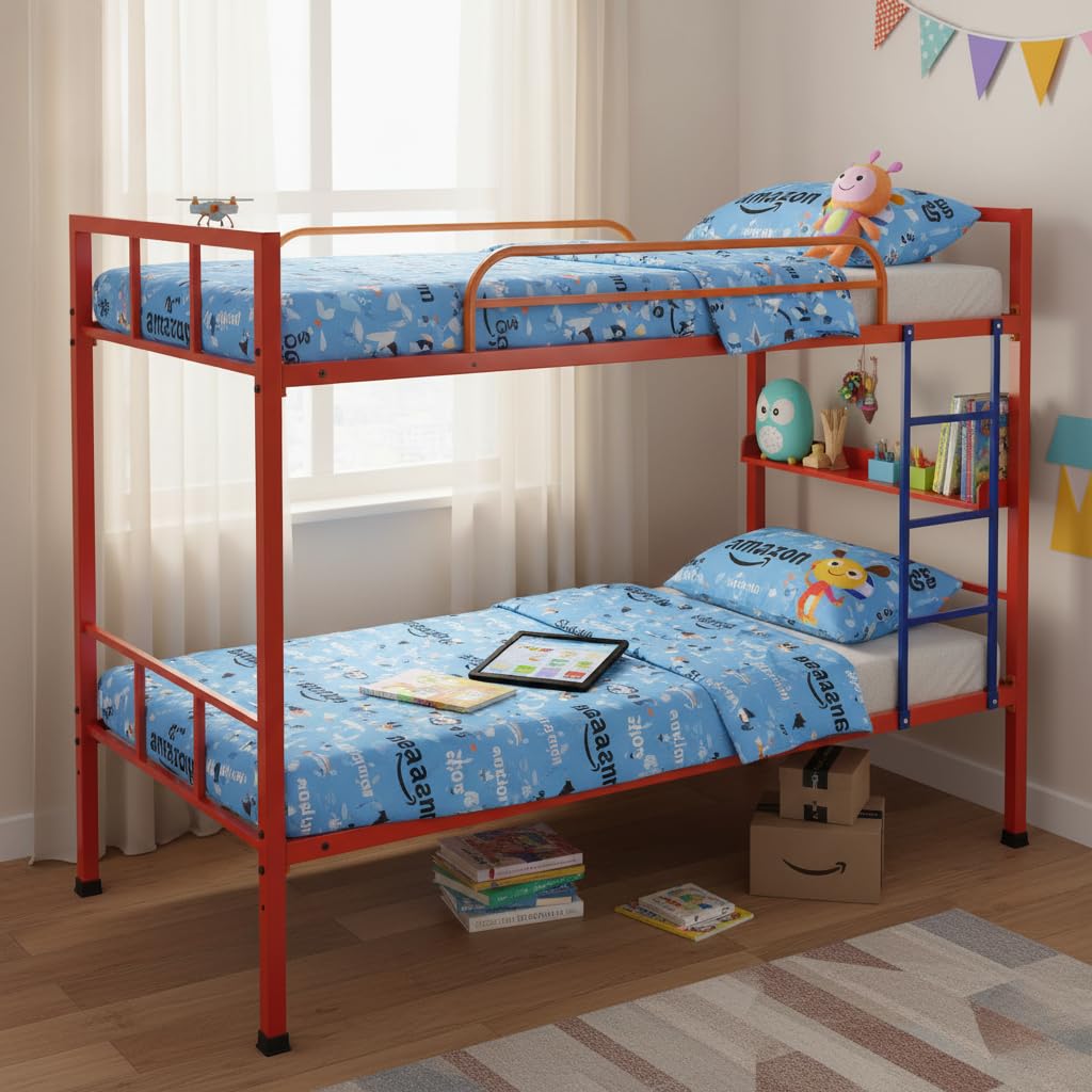Metal Bunk Bed Frame with Ladder, Red and Blue, Double Deck Design