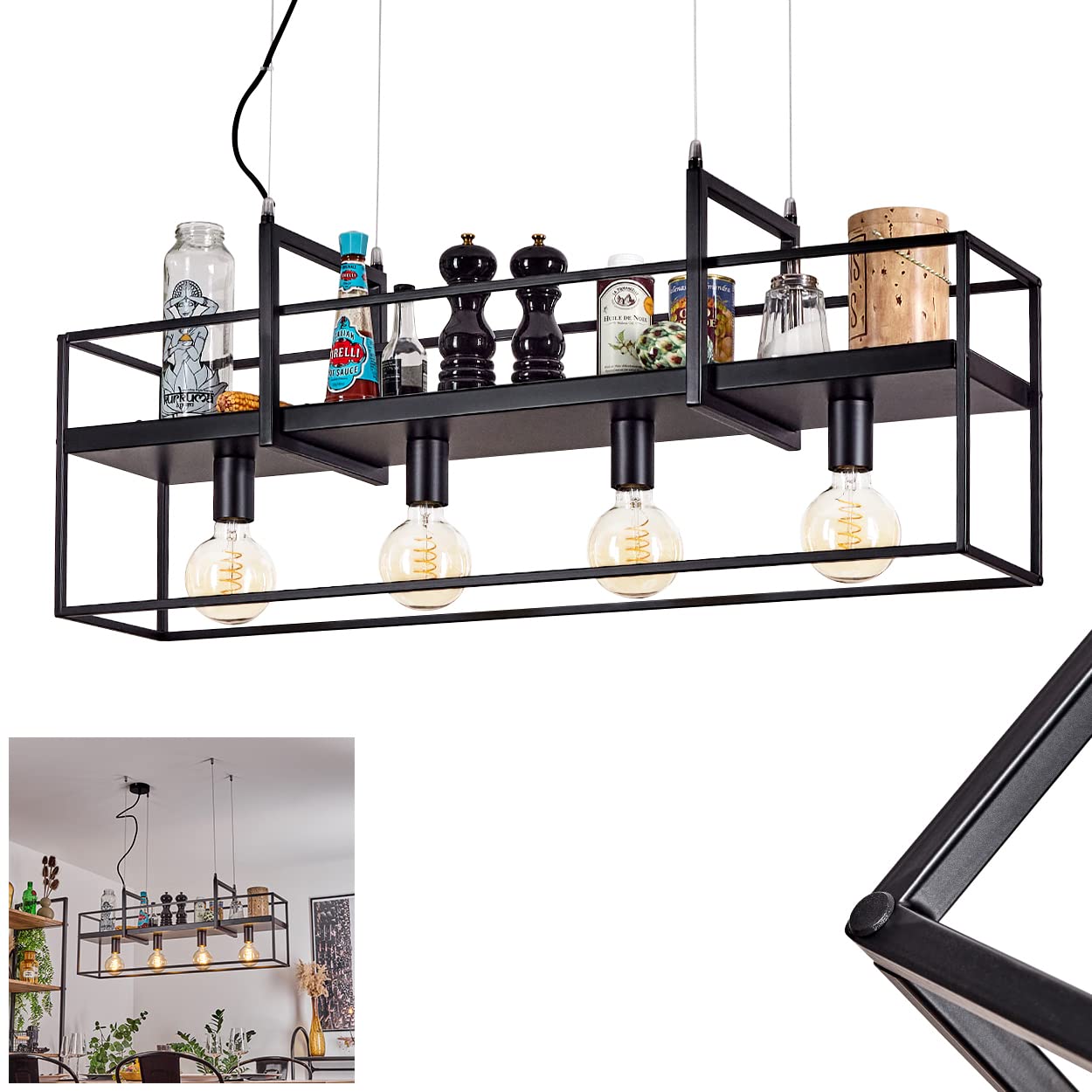 Victorine Pendant Light, Modern Hanging Light Made of Metal in Black, Hanging Light with Shade in Lattice Optic as Shelf, Ideal Above The Dining Table, Height max. 145 cm, 4-Flame, E27, Without Bulbs