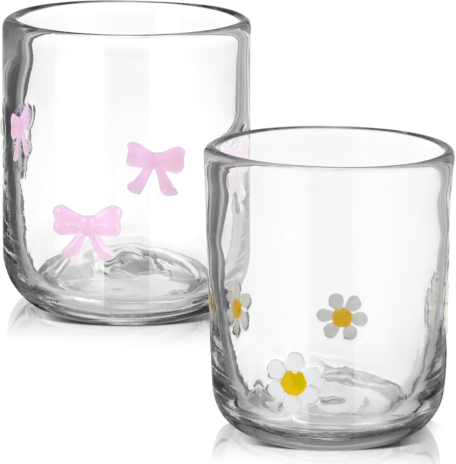 Skylety 2 Pack Icon Glass Cup Pink Bow Coquette Daisy Flower Cup 14 Oz Aesthetic Double Vintage Glasses for Valentine Gifts Woman Friend Summer Party Scotch Liquor Cocktail Juice Drinks Party Favors