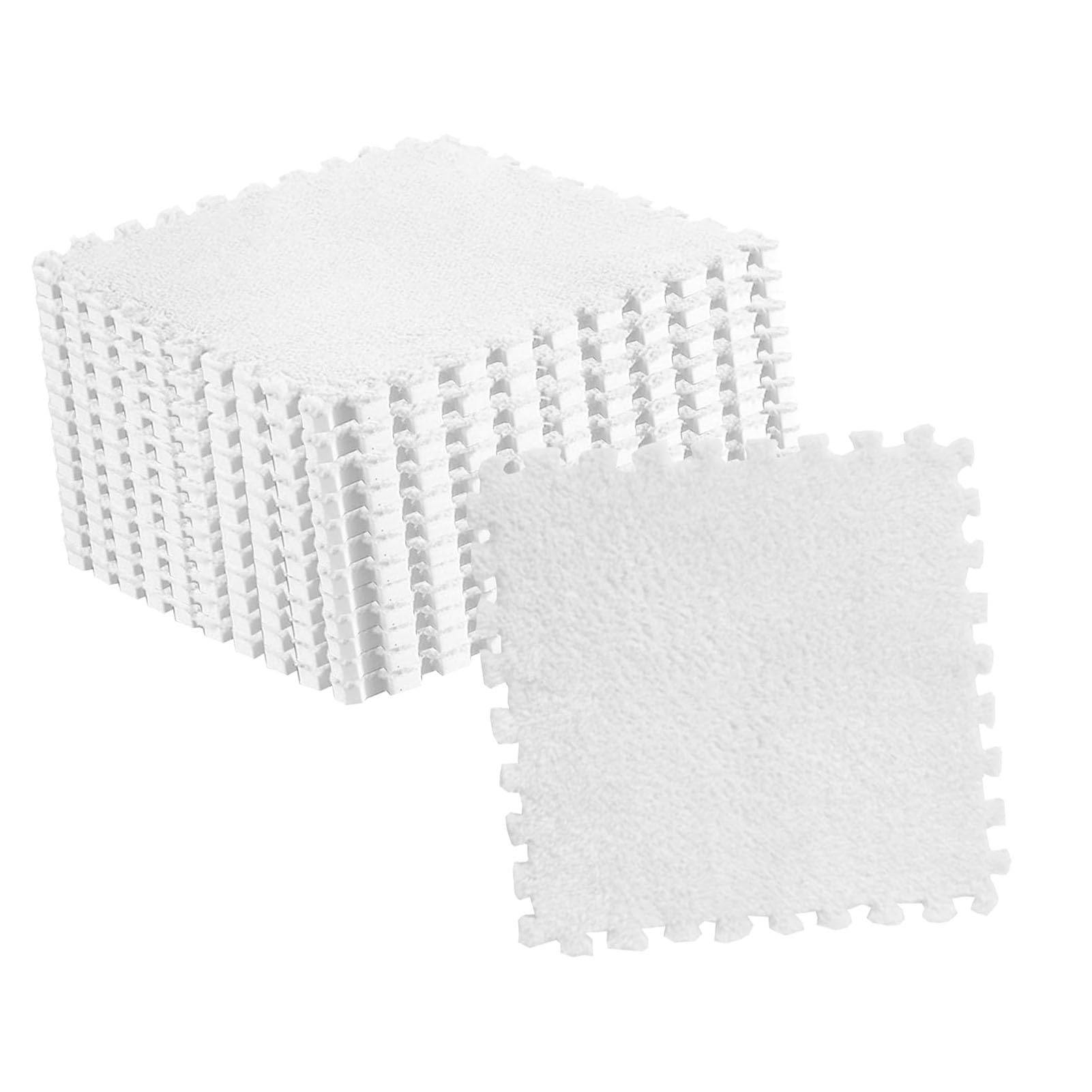 10pcs Plush Foam Interlocking Puzzle Mat Tiles - Fluffy, Cuttable Anti-Slip Carpet for Kids' Rooms and Play Areas (White)