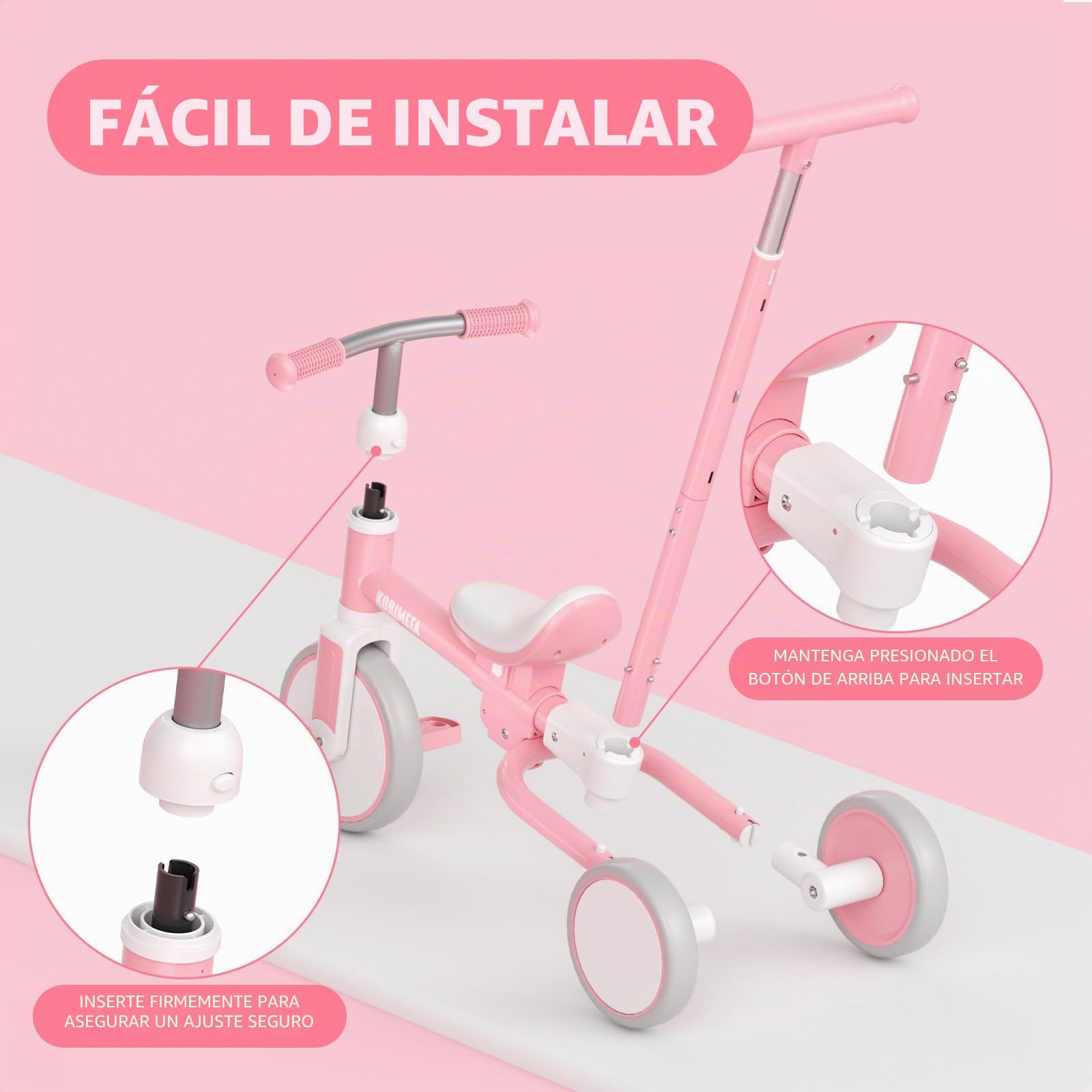 KORIMEFA Triciclo Evolutivo de Bebé 5 en 1, Bicicleta para Niños Desde 1 Año hasta 3 años con Barra de Empuje, Asiento Ajustable, Pedales Desmontables (Rosa)