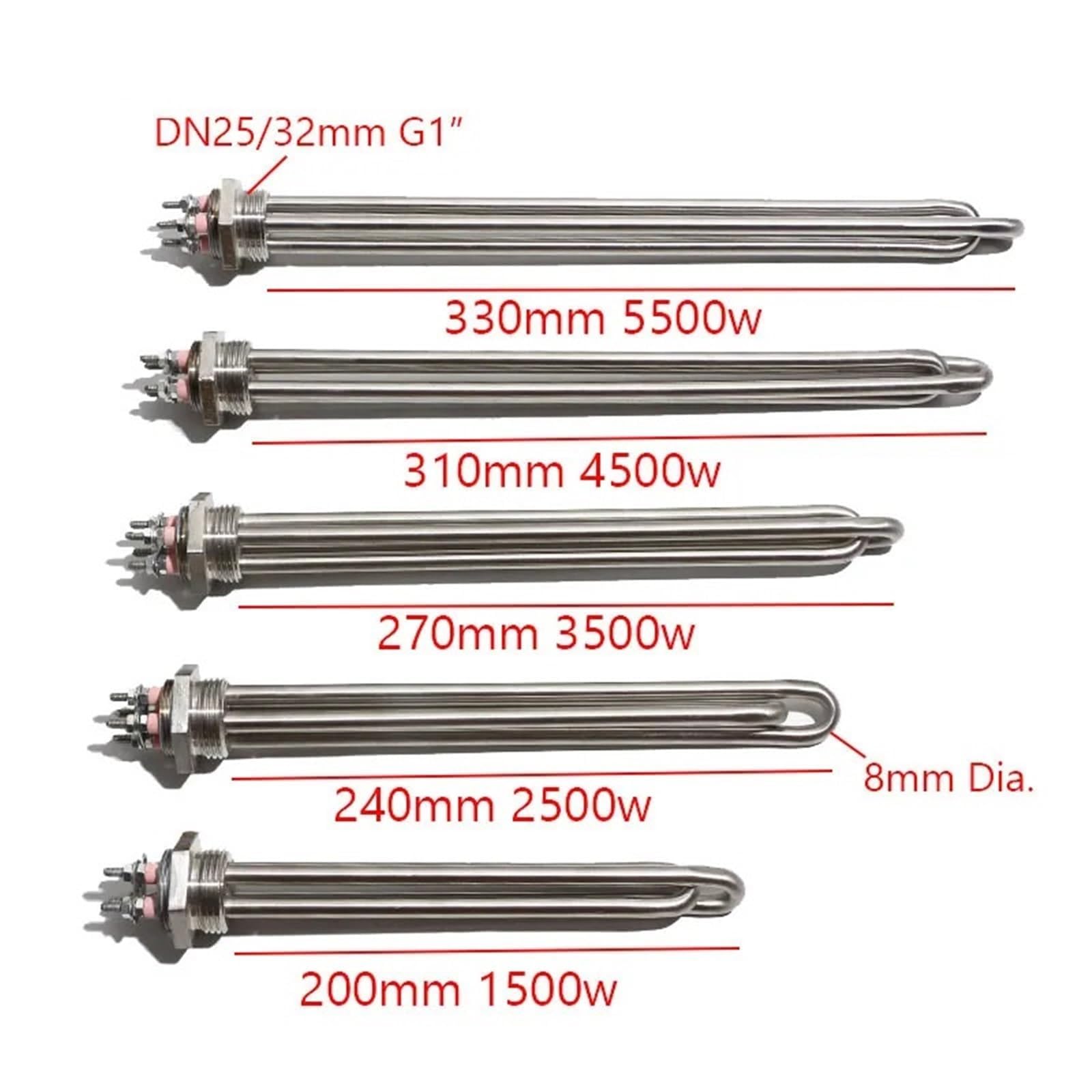 Resistenza per scaldabagno, Elemento riscaldante in acciaio inossidabile 304 DN25 G1 Filetto 32mm 120V/220V 1500W-5500W Con tazza