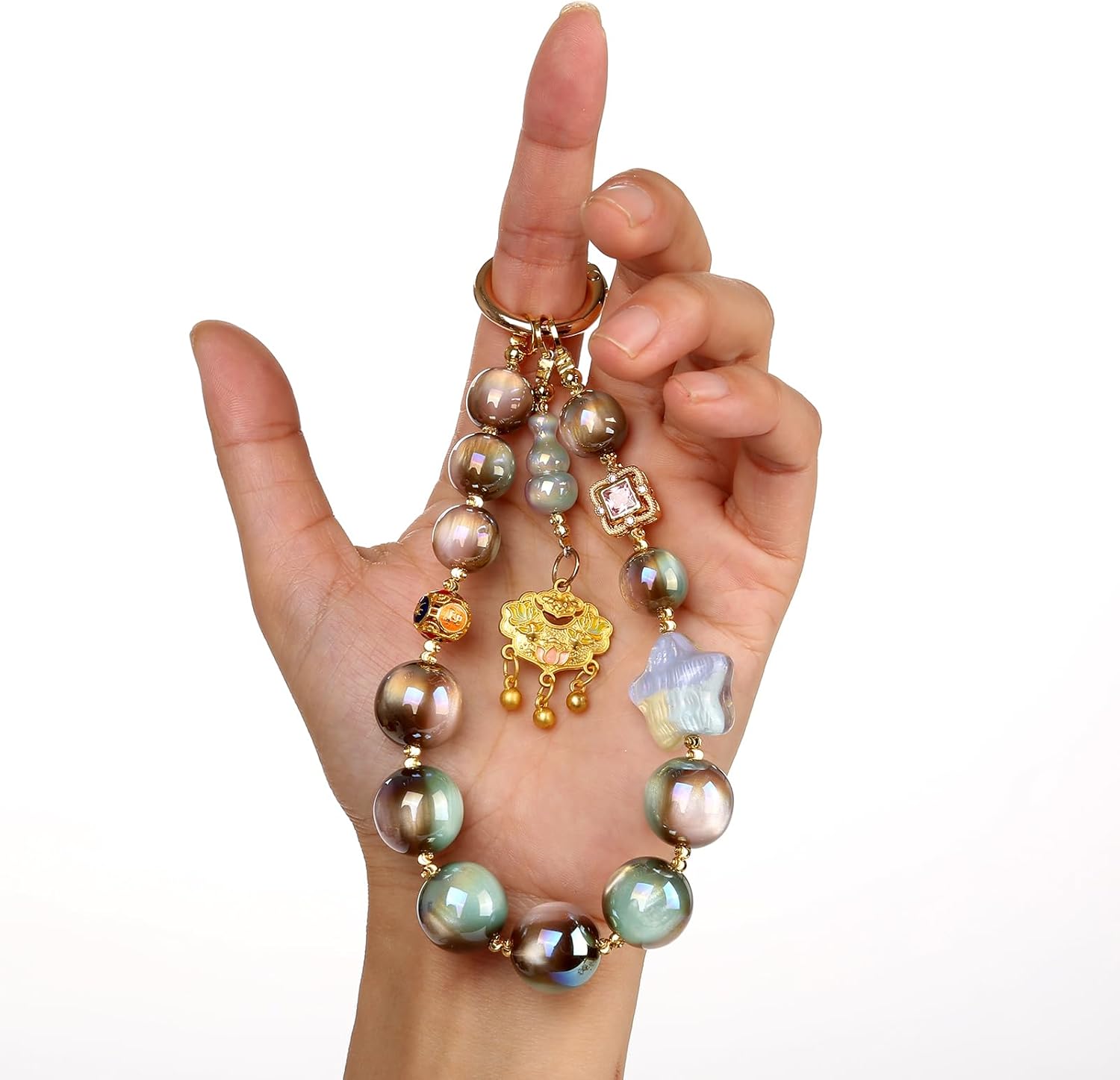 phone charm Handmade Beaded Wrist Strap, Anti-Lost Accessory with Lucky Lock & Gourd Pendants for Women, Lightweight, Compatible with Most Phone Cases