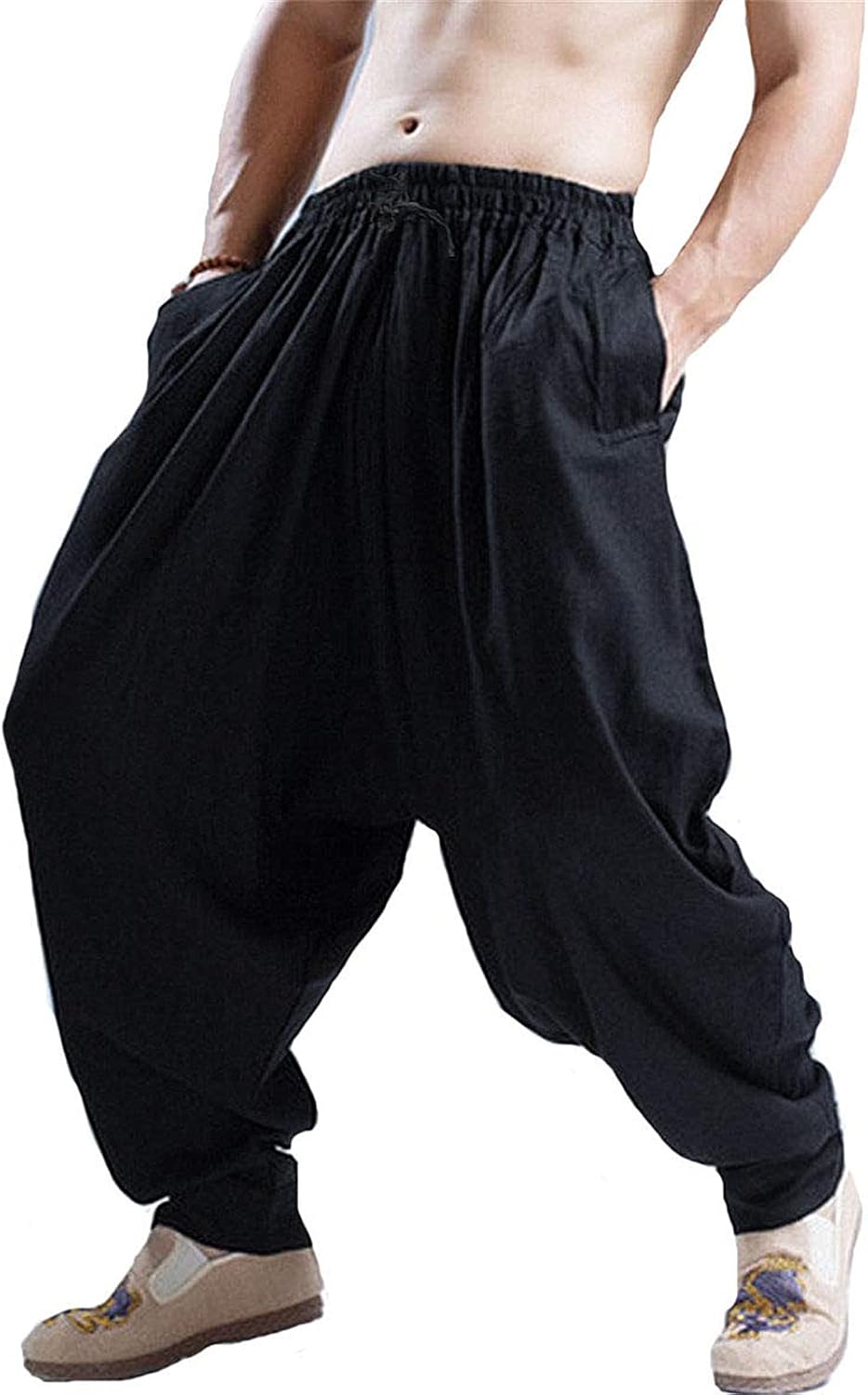 CLANMILUMS Men's Cotton Harem Pants Casual Loose Hippie Drop Crotch Trouser - Image 2