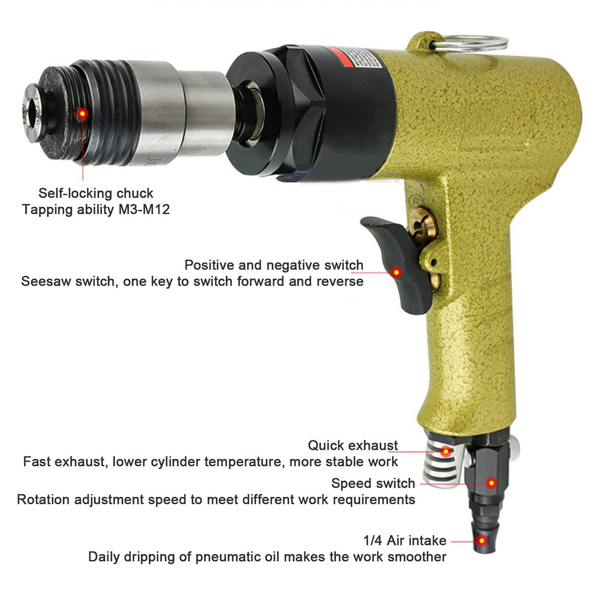 Maschiatrice Pneumatica, Maschiatrice A Testa Autobloccante / 6 Mandrini M3-M12, Maschiatrice per Trapano Pneumatico 500 RPM per Maschiatura di Acciaio, Rame, Ferro, Alluminio, Plastica,B