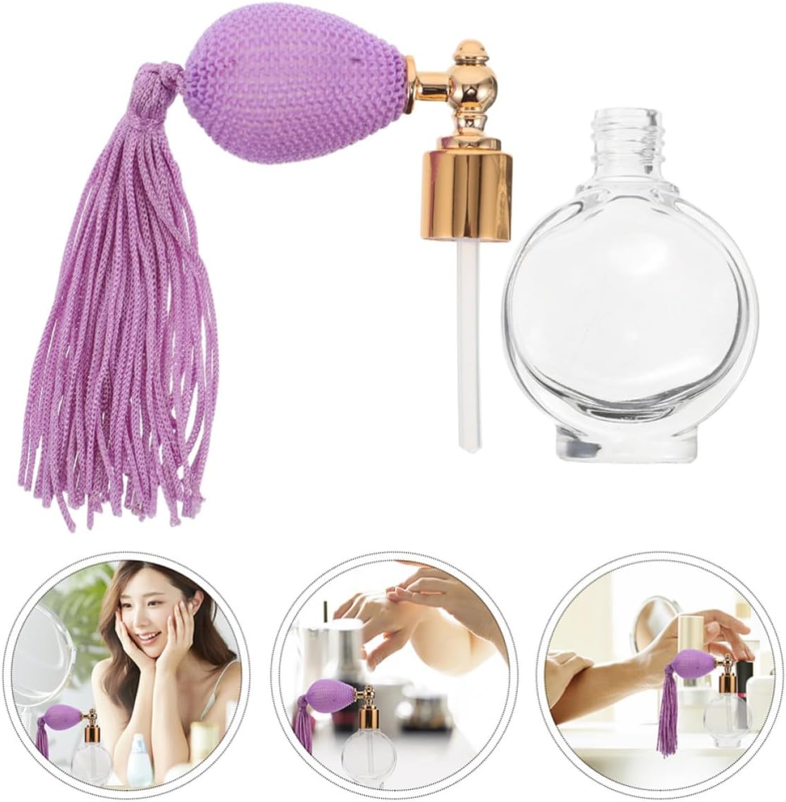 2pcs Refillable Perfume Atomizer Bottles with Unique Tassel Design, Glass Small Pump Spray Bottles for Body Powder and Makeup, for Daily Touch and Travel Use