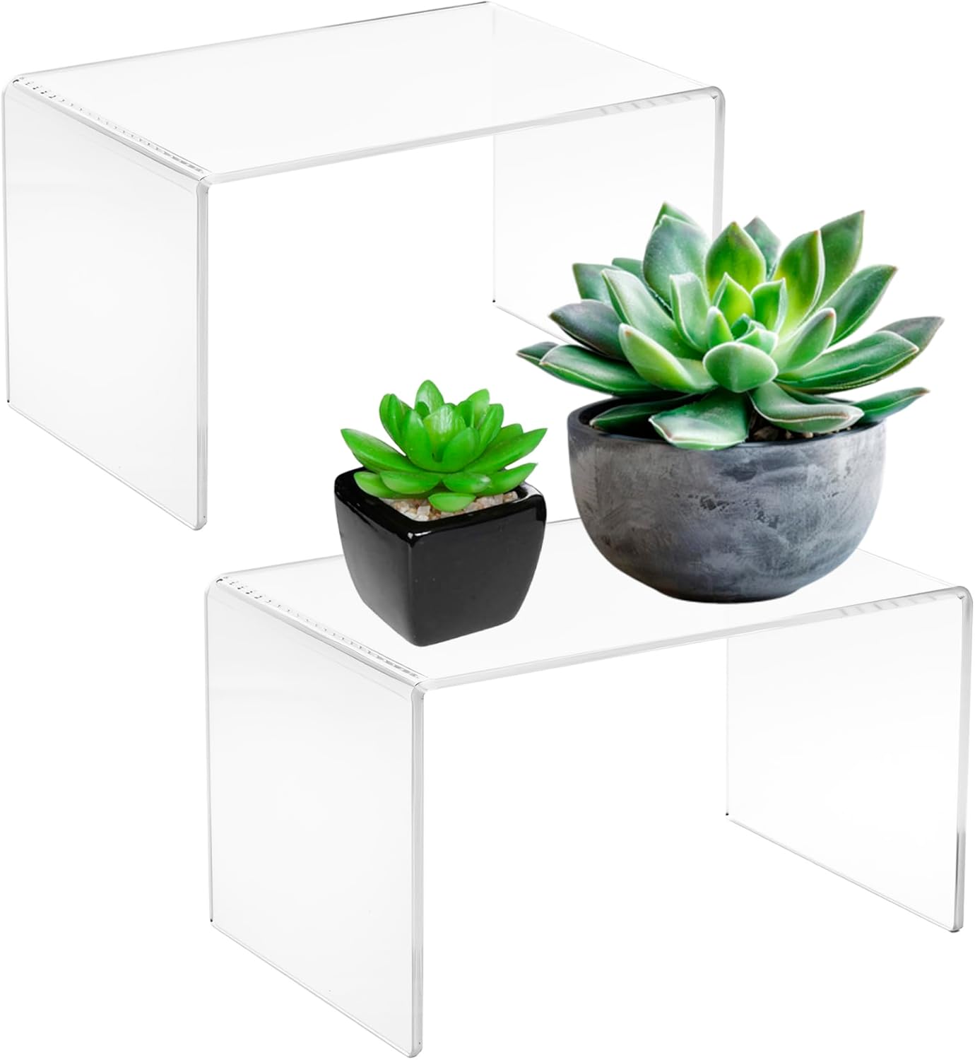 CLAY TONIC 2-Pack Large Clear 5MM Thickness Acrylic Display Risers for Kitchen Organizer and Storage,Display Food, Pantry Cabinet Shelf, Retail Display (2, 12x7x8 Inche)
