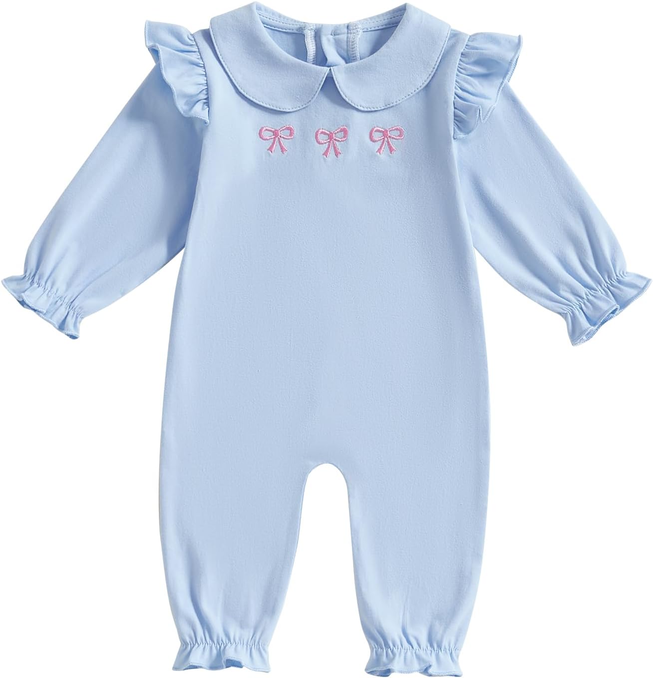 Newborn Baby Girl Clothes Long Sleeve Doll Collar Bow Embroidery Onesie Romper Spring Hospital Coming Home Outfit (Blue, 3-6 Months)