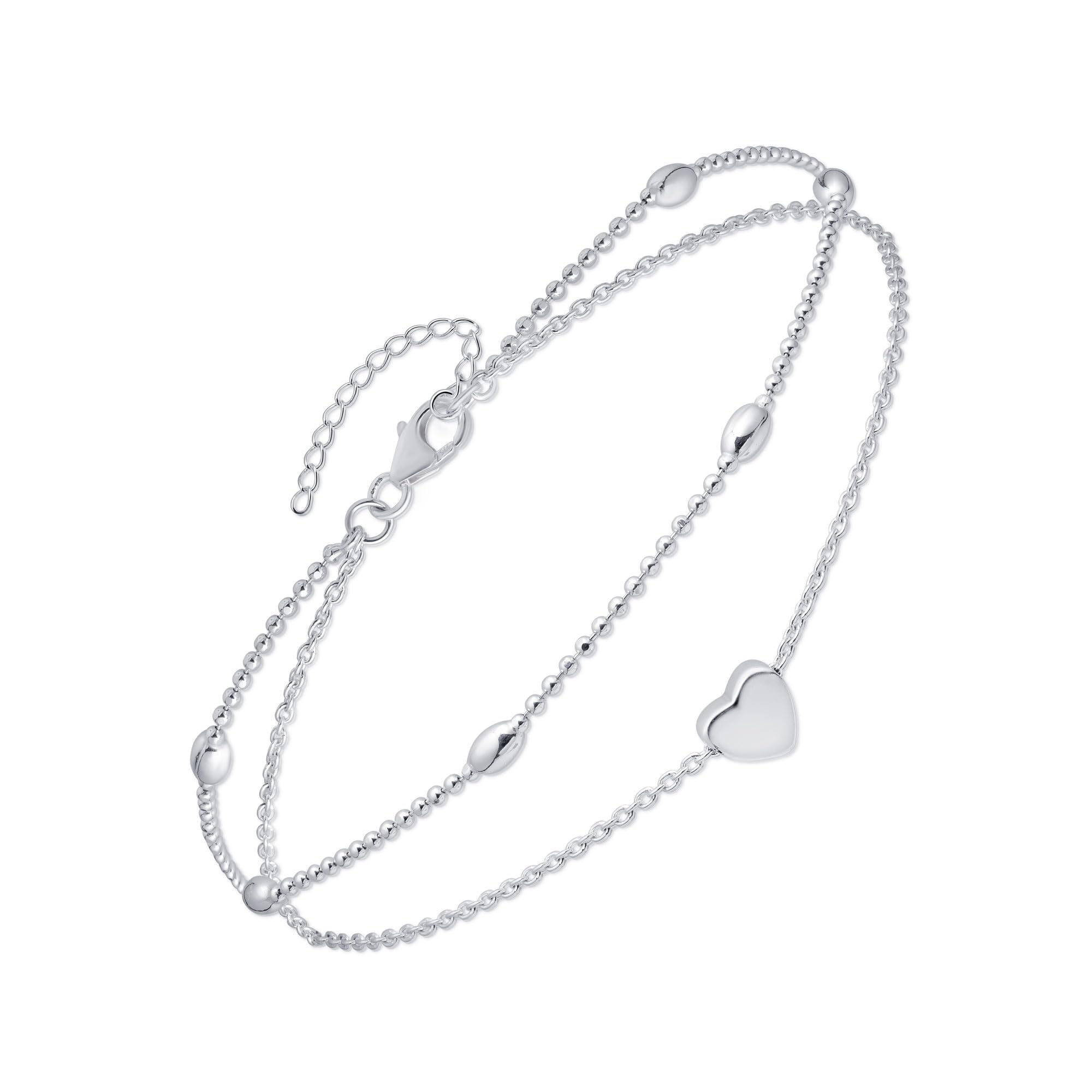 Amberta Italienisches Fußkettchen aus Sterlingsilber 925 für Damen | Verstellbares Fußband mit Perlen und Herz – Sommer-Schmuck