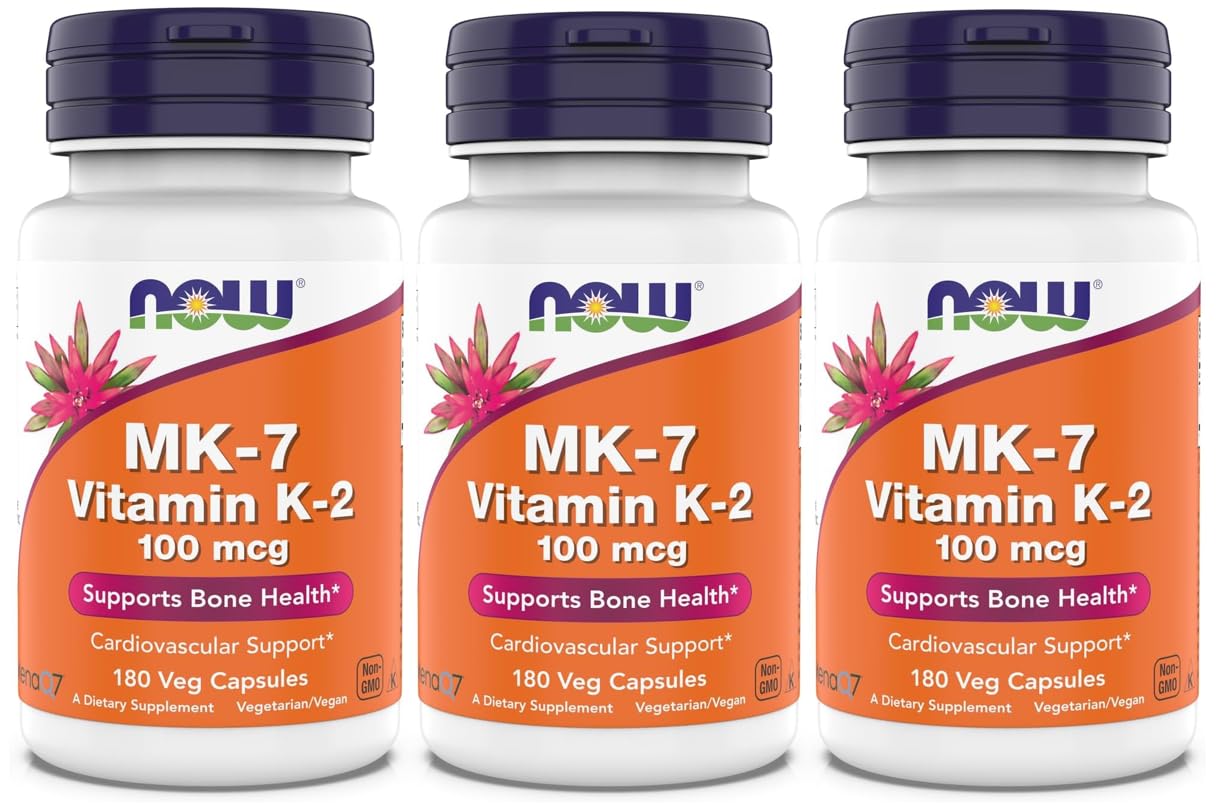 Now Supplements, MK-7 Vitamin K-2 100 mcg, Cardiovascular Support*, Supports Bone Health*, 180 Veg Capsules (180 Count Pack of 3) 180 Count (Pack of 3)
