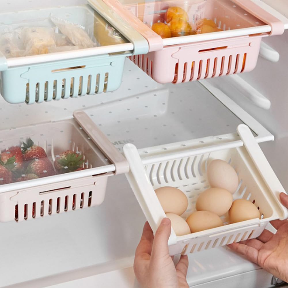 4er-Set Kühlschrank-Organizer-Regal-Set mit ausziehbaren Schubladen, Kühlschrank-Aufbewahrungs-Organizer, Kühlschrank-Organizer-Regal-Einsätze (Blau, Weiß, Rosa, Beige)