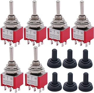 Twidec/6Pcs Mini Momentary Toggle Switch DPDT 3 Position 6 Pins (0N)-OFF-(ON) Miniature Toggle Switch AC 5A/125V 2A/250V Car Boat Switches With Waterproof Cap MTS-223-MZ