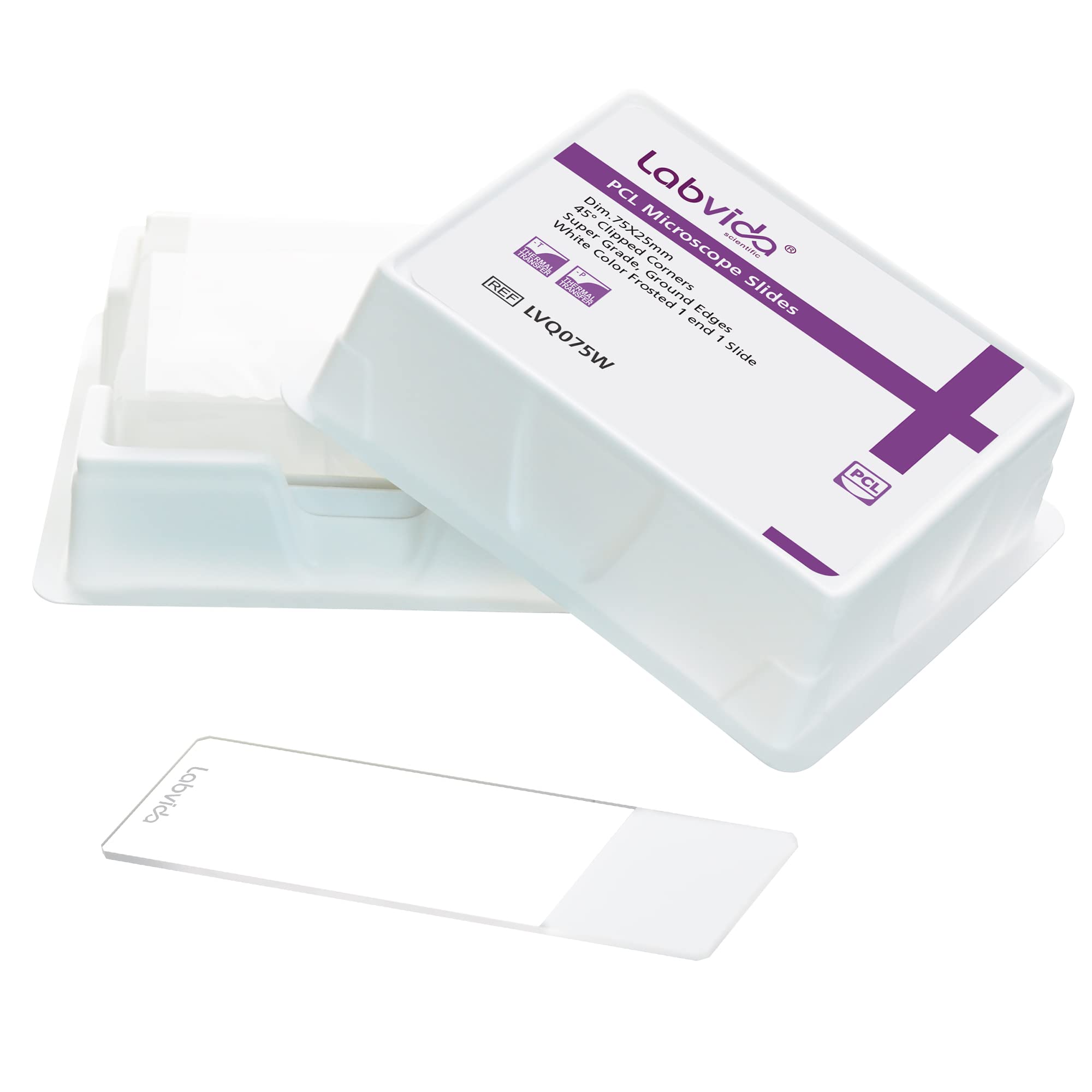 72pcs of Positive Charged Microscope Slides, Adhesive Slides Made of Super White Glass, Fine Polished Edges, Marking Area in White Color, 45° Safety Corners, Dim. 75X25mm, PCL Series, LVQ075W