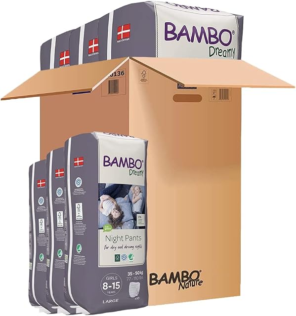 Bambo Dreamy Night Pants Nappies, Pull Up Pants, Eco Night Time Nappies Keep Beds Dry All Night, Pull Ups Training Nappies, Secure Comfortable, Potty Training Pants, Girls L, Age 8-15, 35-50kg, 6x10PK