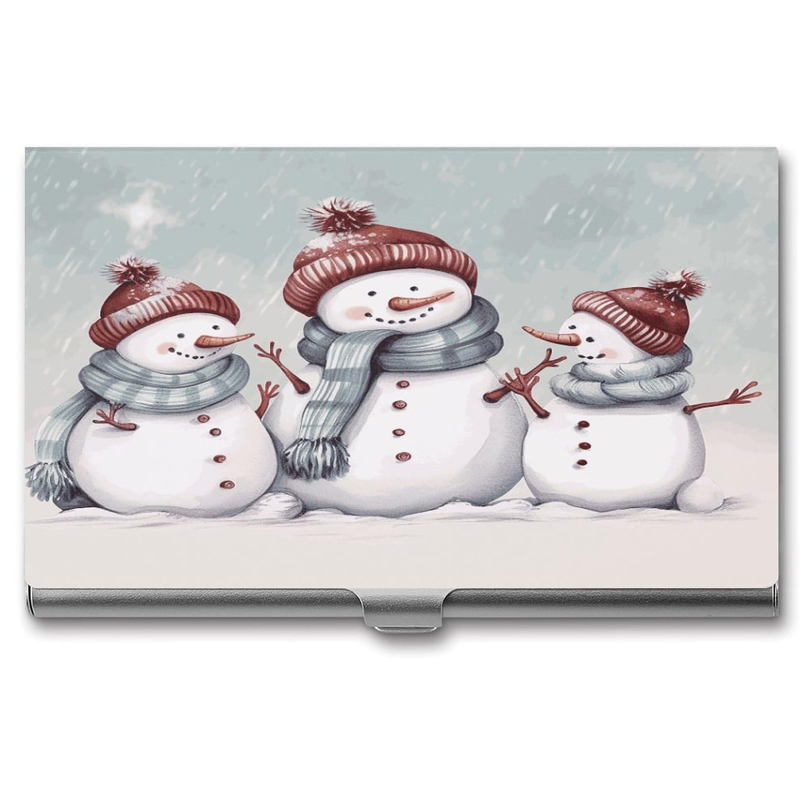 LDGSUPH Winter Snowman Business Card Holder Fashion Slim Name Card Holder Minimalist Design Case Metal Card Carrier Personalized Business Card Case with Flip for Men Women