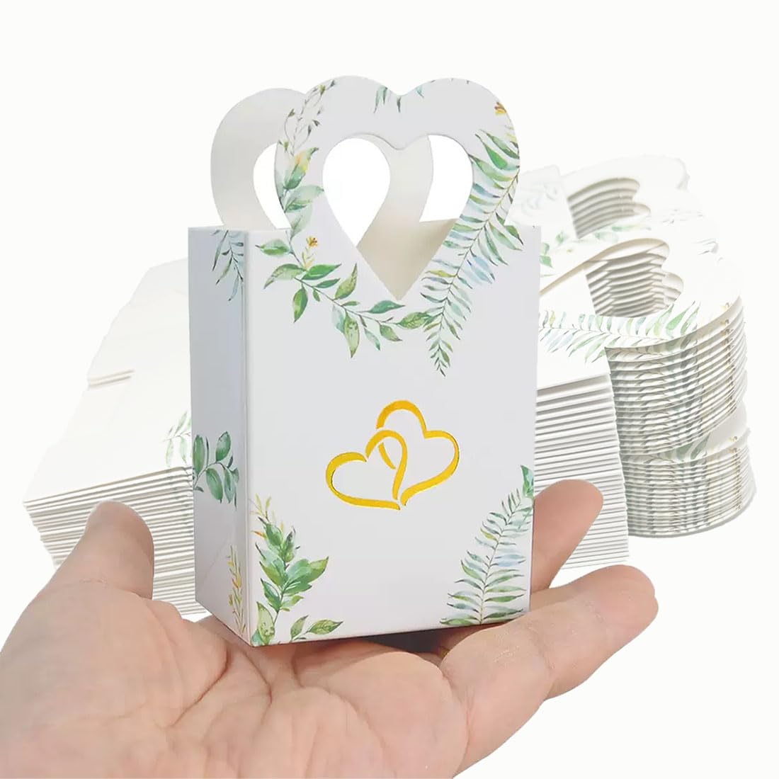 50Pcs Small Cookie Box Greenery Leaf 4"X2.3"X1.5" Gift Bags Treat Candy Mini Size Boxes Heart Shaped Handle For Party Favors Hard Kraft Paper Bags