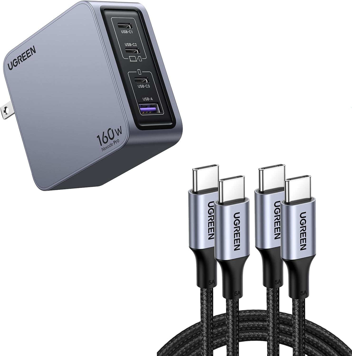 UGREEN Nexode Pro 160W USB C Charger Bundle with 100W 2-Pack 3FT USB C Charger Cable for iPhone 15/15 Plus/15 Pro/15 Pro Max, MacBook Pro, iPad Pro, Dell XPS, Samsung Galaxy S24/S23/S22 Ultra
