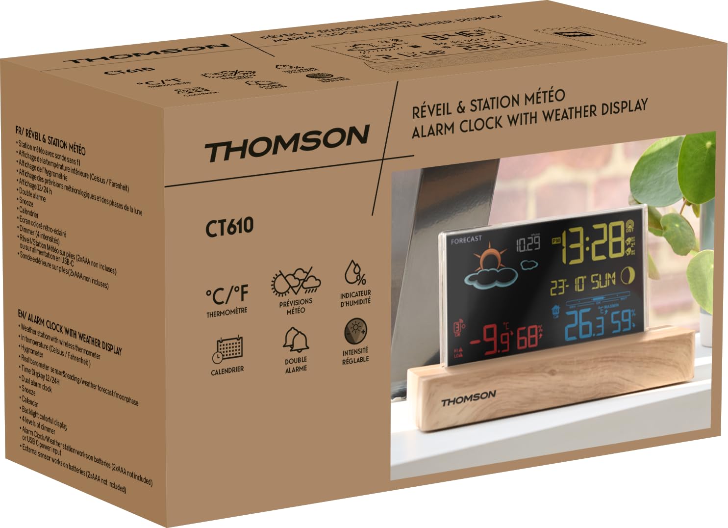 Réveil station météo - THOMSON - Bois foncé - Affichage température, Hygrométrie, Double alarme, USB-C, Sonde sans fil