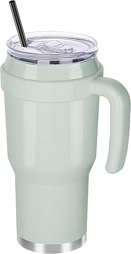 Vaso de 40 oz con asa y popote, vasos aislados de acero inoxidable con tapas, doble pared al vacío, para café, viaje, a prueba de sudor, fugas,