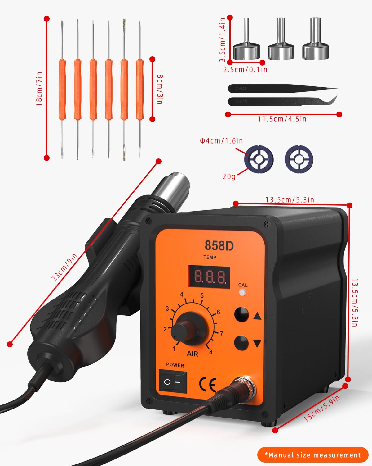 Stazione di saldatura ad aria calda 700W,858D Rework Station con Display LED 100-480°C,Stazione Saldante Aria Calda con 3 punte,2 rotoli di filo di saldatura,2 pinzette e un kit di strumenti.
