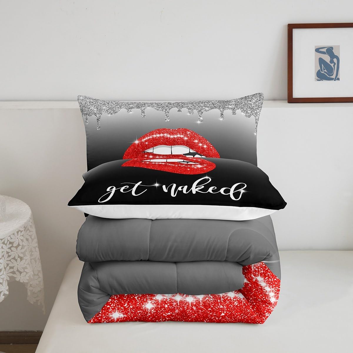 Feelyou Black Bedding Set Queen, Get Naked Lips Comforter Set Lips Comforter for Kids Toddler Ombre Black and Red Duvet Set with 2 Pillow Case