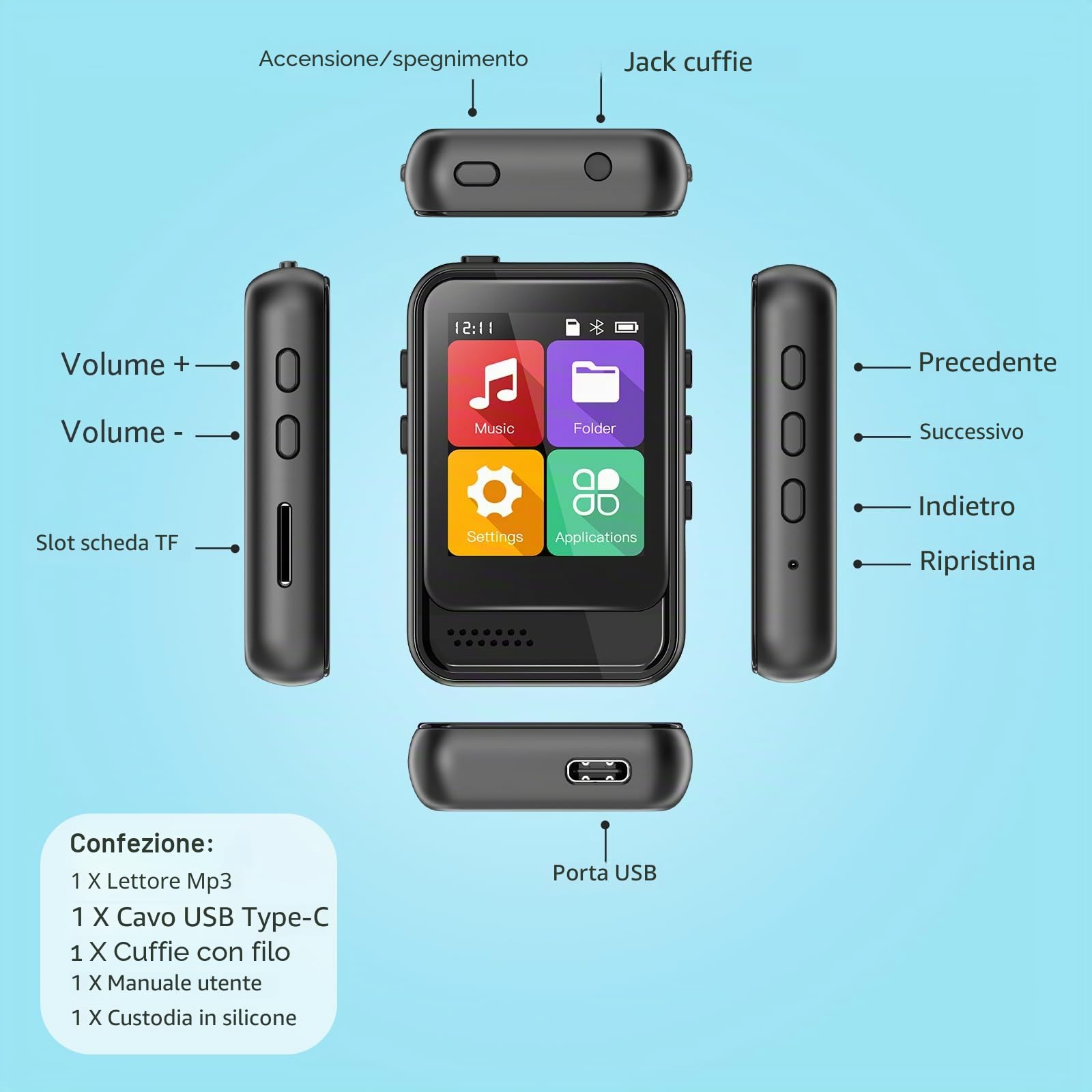 Lettore MP3 Bluetooth, lettore musicale portatile con memoria interna da 16 GB, supporto radio FM, registrazione vocale, eBook, lettore MP3, per bambini