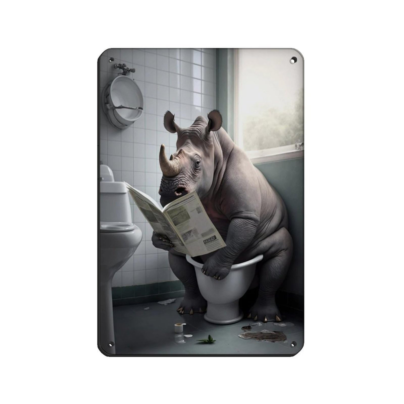 Rhino Sitting on The Toilet Reading A Newspaper Retro Poster Metal Tin Sign Chic Art Retro Iron Painting Bar People Cave Cafe Family Garage Poster Wall Decoration 8x12inch(20x30cm)