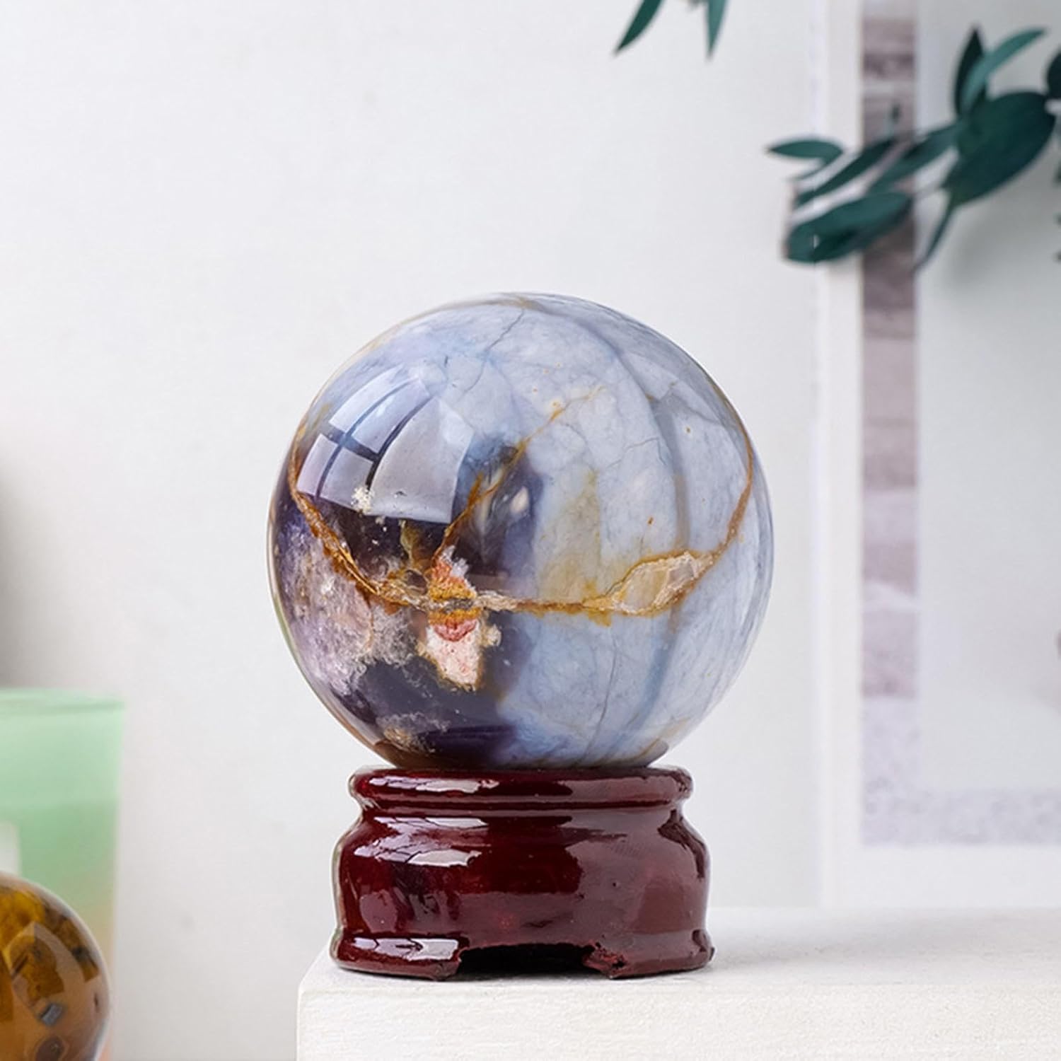 Crystal Ball Decorative Balls Polished Agate Ball Striped Divination Sphere Stone Balls with Wooden Base Sphere Ball