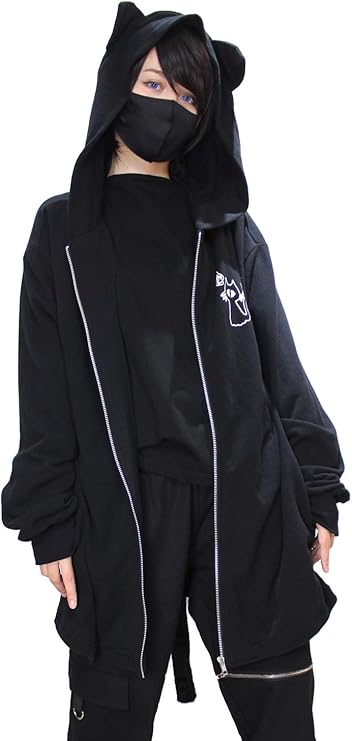 Amazon ロージエイト 猫耳 しっぽ付き 一つ目猫ジップパーカー 薄手 ロング丈 Roseate 日本製 メンズ レディース 和柄 妖怪 ホワイト トレーナー パーカー 通販