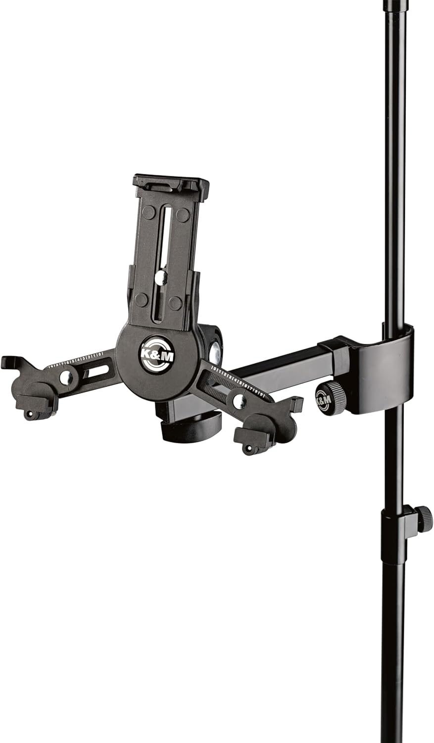 K&M Konig & Meyer 19795.500.55 - Universal Mini Tablet iPad Holder for Mic Stand - Switch Landscape to Portrait - Professional Grade for all Musicians - Studio or Remote Home Use - German Made - Black