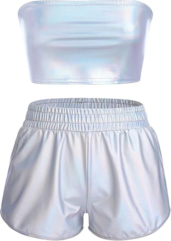FYMNSI Women Sexy Metallic Bikini Set Shiny Holographic Strapless Bandeau Tube Top Shorts Bottom 2PCS Swimsuit Rave Outfit
