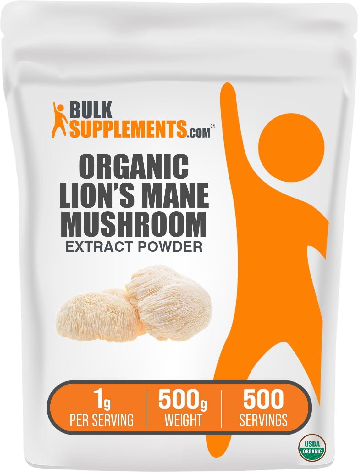BulkSupplements.com Organic Lion’s Mane Mushroom Extract Powder – Lions Mane Supplement Powder, Superfood for Well-Being – Vegan, 1g per Serving, 500g (1.1 lbs) (Pack of 1)