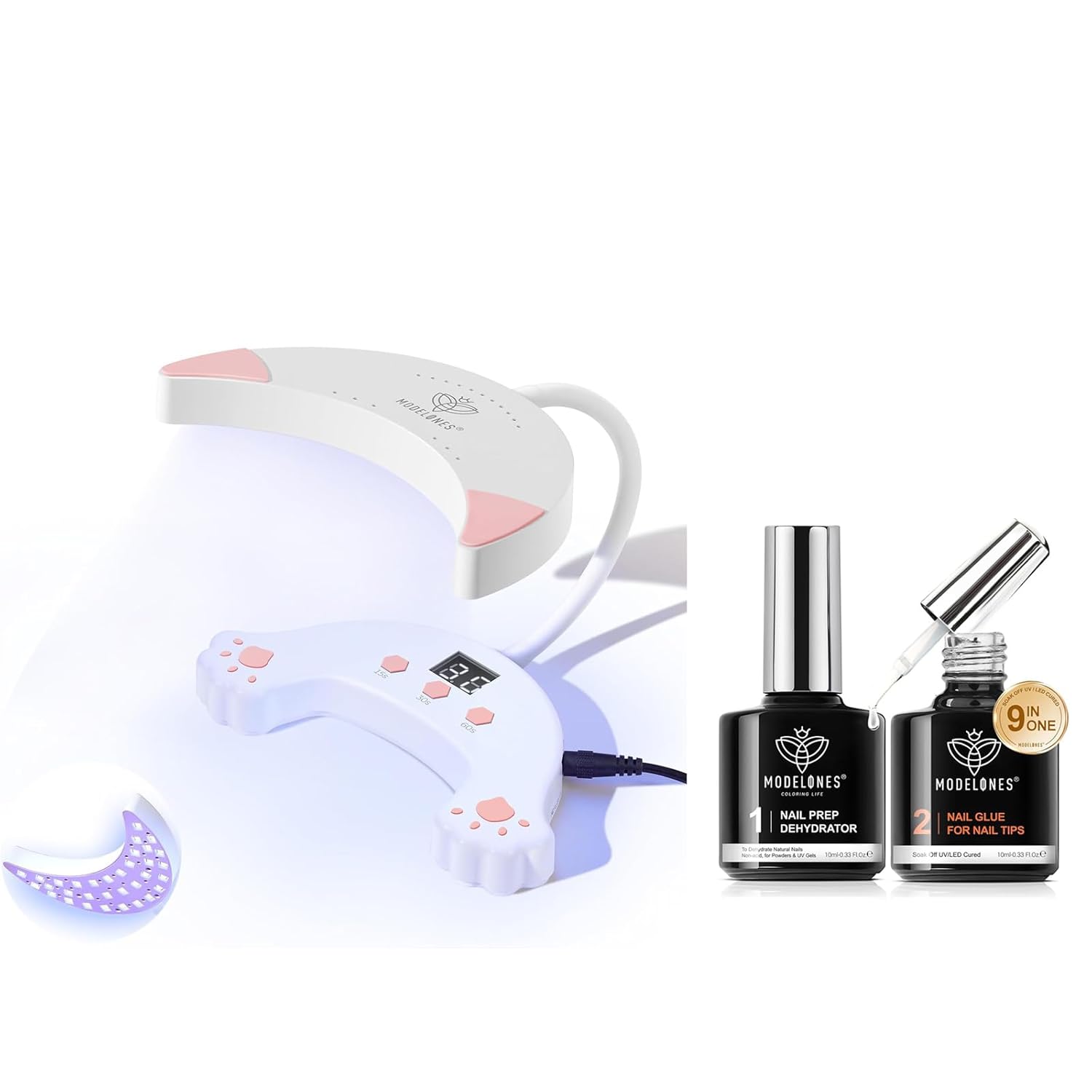 modelones 9 in One Gel Nail Glue Prep Dehydrator with UV LED Nail Lamp for Acrylic Nails/Bloom Gel/Adhesive Bond, Long Lasting Curing Needed