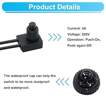 TWTADE 2PCS Waterproof RV Push Button Switch 12V ON/Off SPST Switch for Motorcycle/Auto Car Bathroom Fan with 4.5'' Lines KP-107