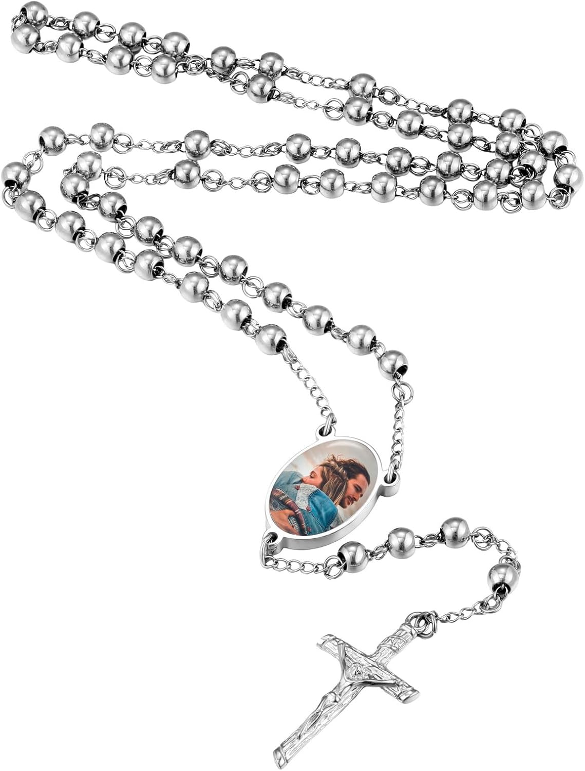 INBLUE Personalized Rosary Necklace with Picture Custom Engraved Back Text Rosary Beads Catholic Necklace for Women Stainless Steel Cross Y Necklace Chain Rosary Prayer Gifts