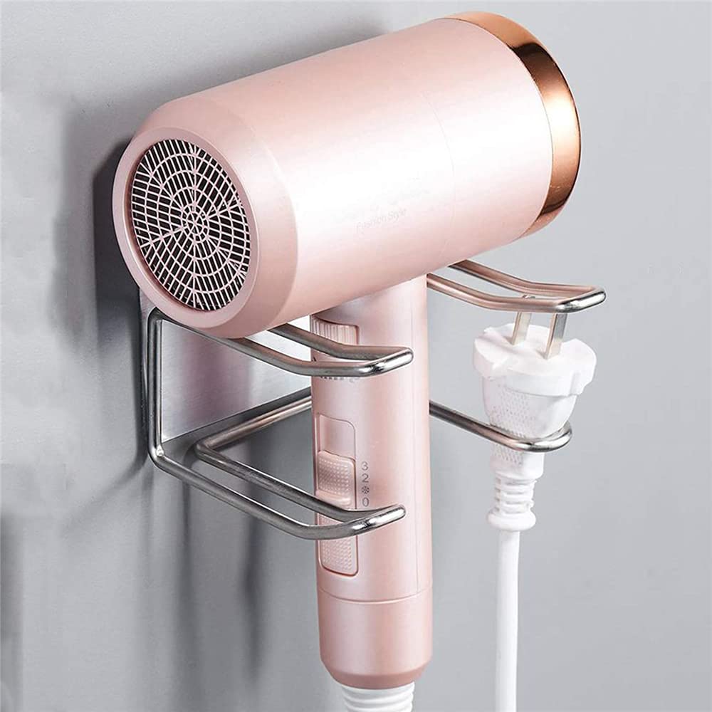 ELECDON Hair Dryer Holder Wall, Mounted No Drilling Blow Dryer Holder Rack Stainless Steel Hair Styling Tools Organizer Self Adhesive Hair Dryer Rack Fits Most Hair Dryers (Silver)