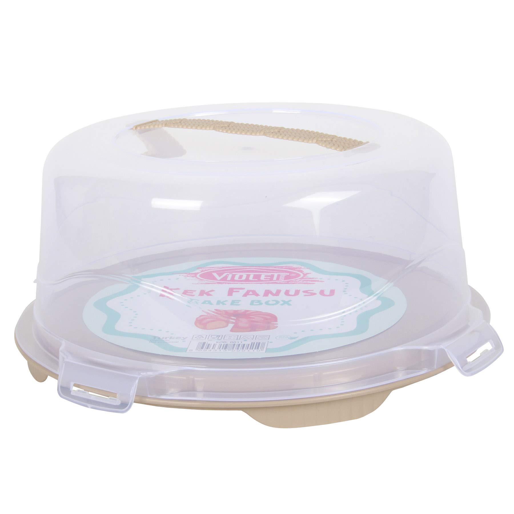 Dunya Plastic Cake Carrier. Clear Round or Rectangular Box Lockable Lid Cover. Soft Handle. BPA Free. (Cappuccino)