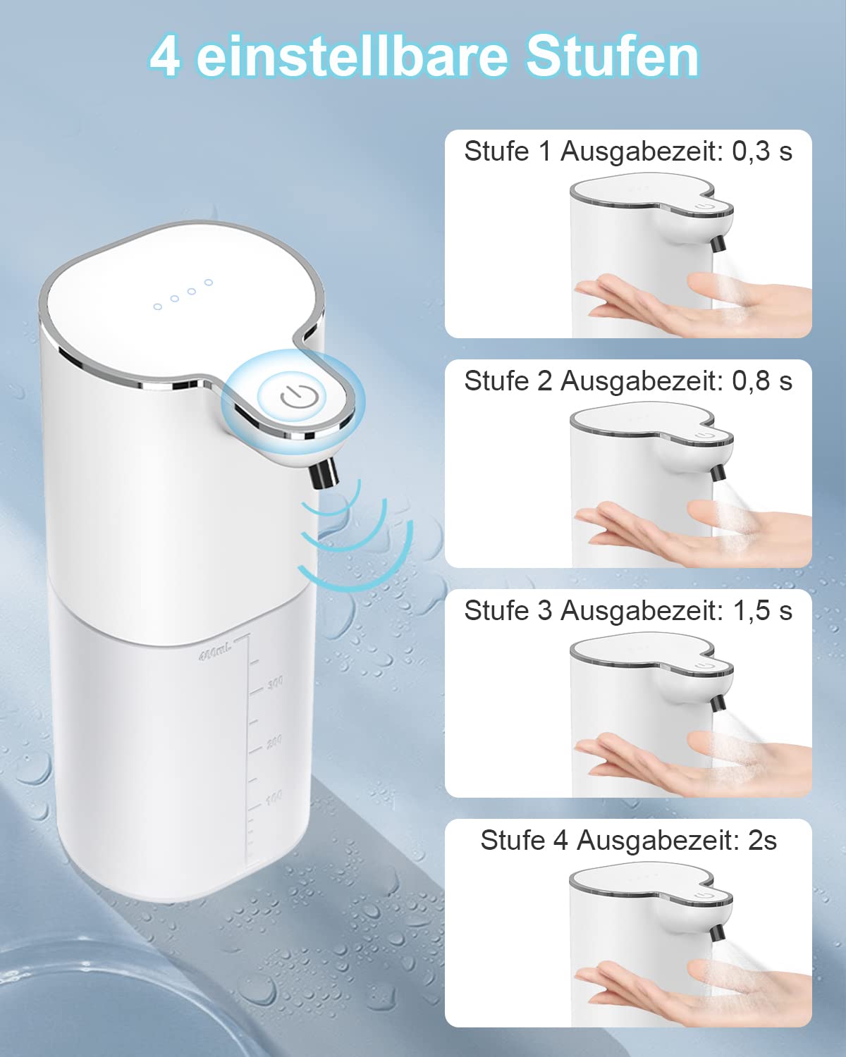 Automatisch Desinfektionsspender, Dalugo 400ml Wiederaufladbar Seifenspender Wandbefestigung Ohne Bohren mit 4 einstellbare Stufen, IPX5 Wasserdicht Automatischer Seifenspender für Restaurant, Hotel